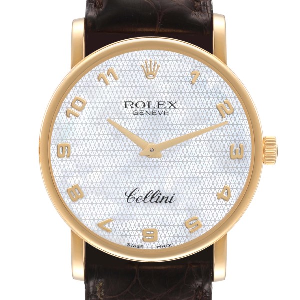 Rolex Cellini Classic Yellow Gold Mother of Pearl Brown Strap Mens Watch 5115