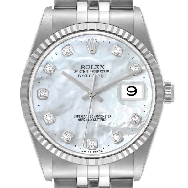Rolex Datejust Steel White Gold Mother of Pearl Diamond Mens Watch 16234 Box Papers