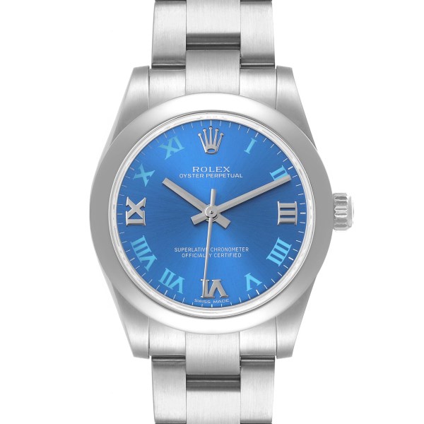 Rolex Oyster Perpetual Midsize 31 Blue Dial Steel Ladies Watch 177200 Box Card