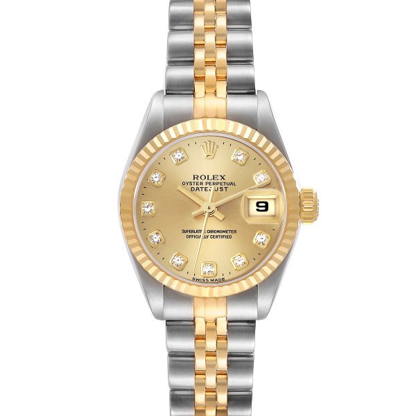 Rolex Datejust Steel Yellow Gold Champagne Diamond Dial Ladies Watch 69173