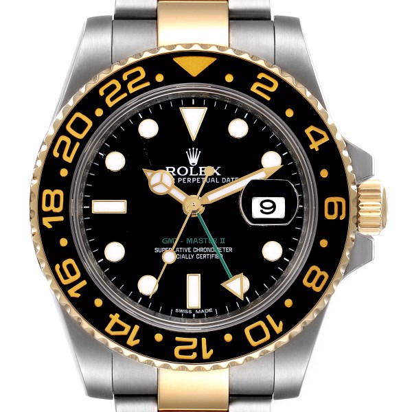 Rolex GMT Master II Yellow Gold Steel Green Hand Mens Watch 116713