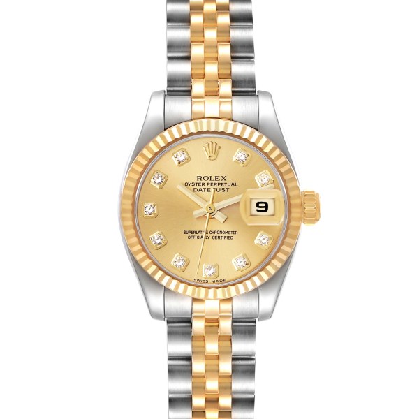 Rolex Datejust 26mm Steel Yellow Gold Diamond Dial Ladies Watch 179173 Box Card