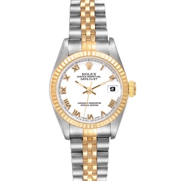 Rolex Datejust Steel Yellow Gold White Roman Dial Ladies Watch 69173 Box Papers