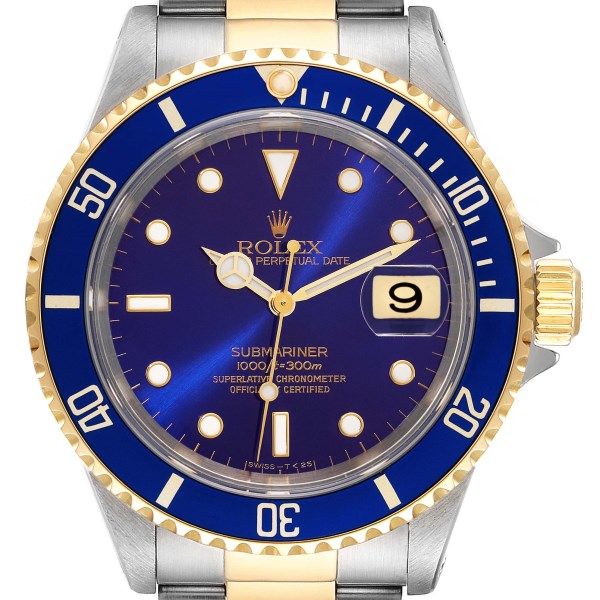 Rolex Submariner Blue Dial Purple Hue Steel Yellow Gold Mens Watch 16613