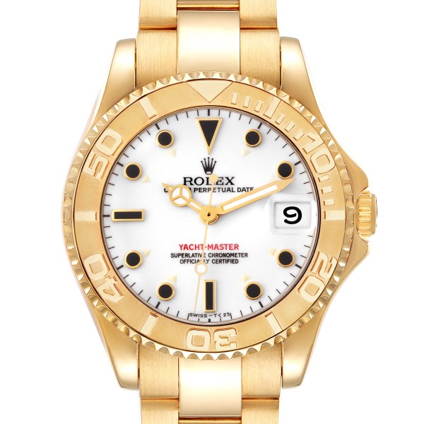 Rolex Yachtmaster Midsize Yellow Gold White Dial Mens Watch 68628 Box Papers