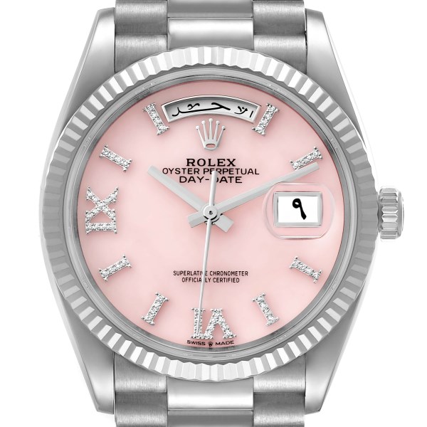 Rolex President Day-Date White Gold Pink Opal Diamond Dial Watch 128239 Box Card