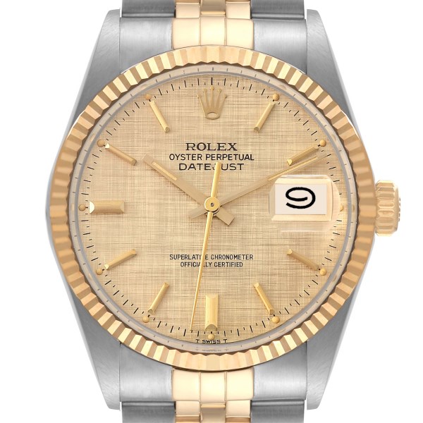 Rolex Datejust 36 Steel Yellow Gold Linen Dial Vintage Watch 16013 Box Papers