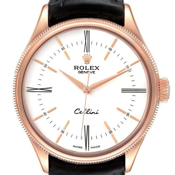 Rolex Cellini Time Rose Gold White Dial Black Strap Mens Watch 50505