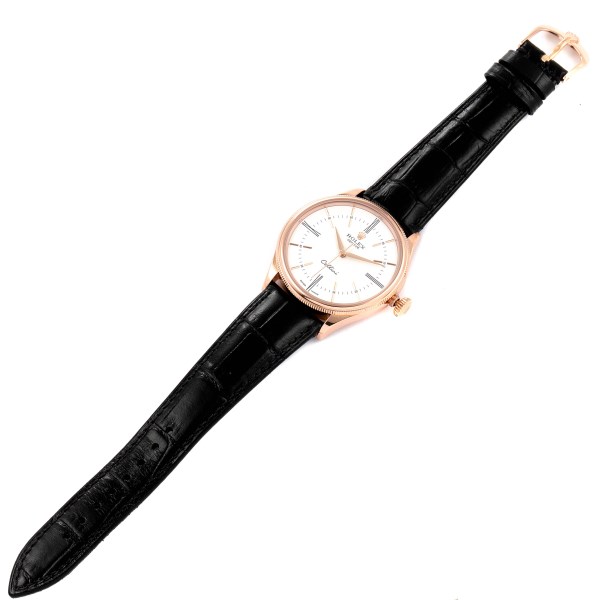 Rolex Cellini Time Rose Gold White Dial Black Strap Mens Watch 50505