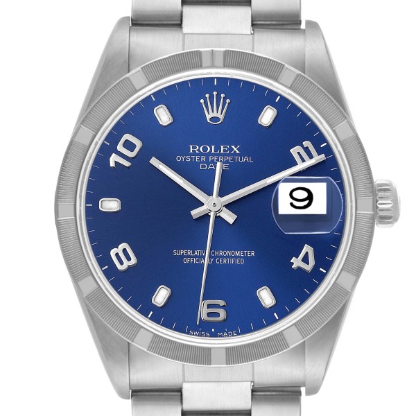 Rolex Date Blue Dial Engine Turned Bezel Steel Mens Watch 15210
