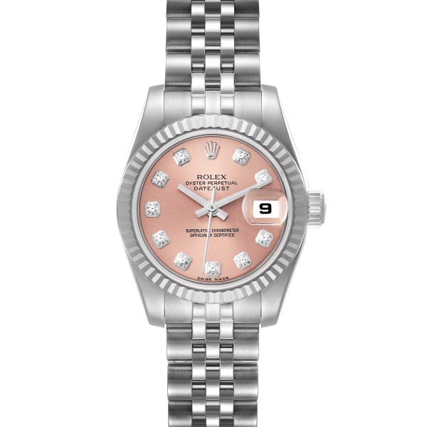 Rolex Datejust Steel White Gold Pink Diamond Dial Ladies Watch 179174 Box Card