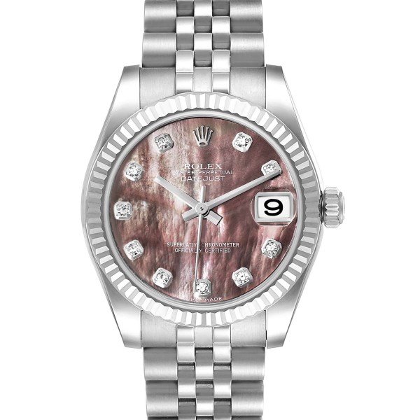 Rolex Datejust Midsize 31 Steel White Gold Mother of Pearl Diamond Ladies Watch 178274 Box Card