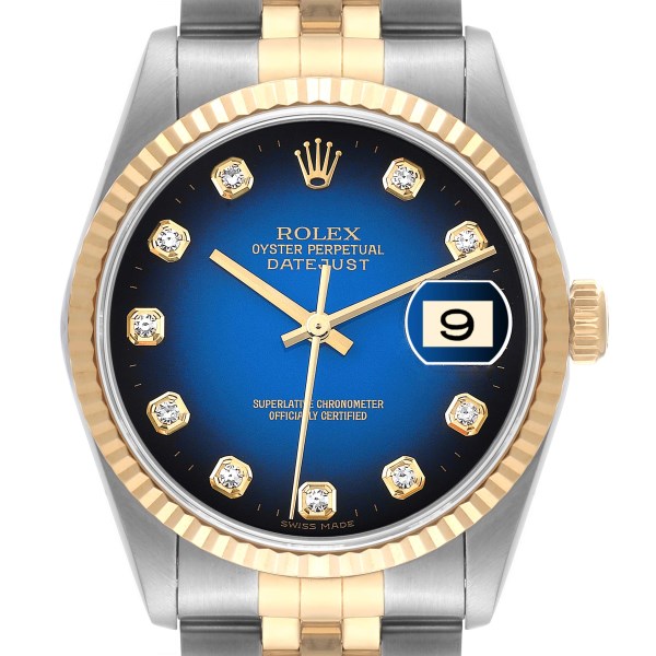 Rolex Datejust Steel Yellow Gold Blue Vignette Diamond Dial Mens Watch 16233 Rolex Datejust Steel Yellow Gold Blue Vignette Diamond Dial Mens Watch 16233