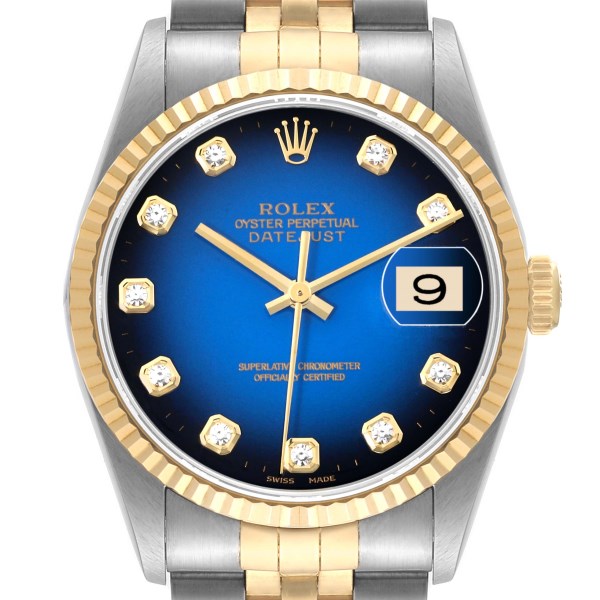 Rolex Datejust Steel Yellow Gold Blue Vignette Diamond Dial Mens Watch 16233 Rolex Datejust Steel Yellow Gold Blue Vignette Diamond Dial Mens Watch 16233