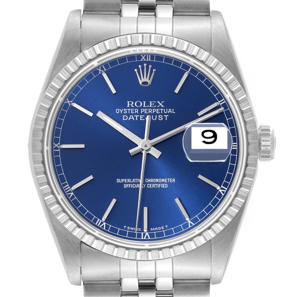Rolex Datejust Blue Dial Engine Turned Bezel Steel Mens Watch 16220