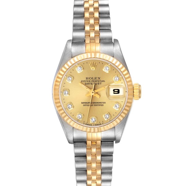 Rolex Datejust Steel Yellow Gold Champagne Diamond Dial Ladies Watch 69173 Box Papers