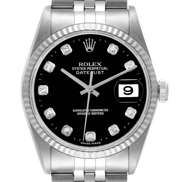 Rolex Datejust Steel White Gold Black Diamond Dial Mens Watch 16234