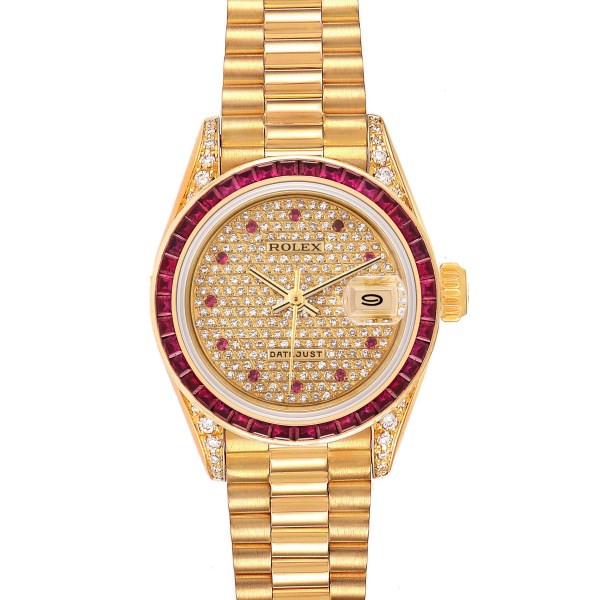 Rolex Datejust President Yellow Gold Diamond Ruby Ladies Watch 69028