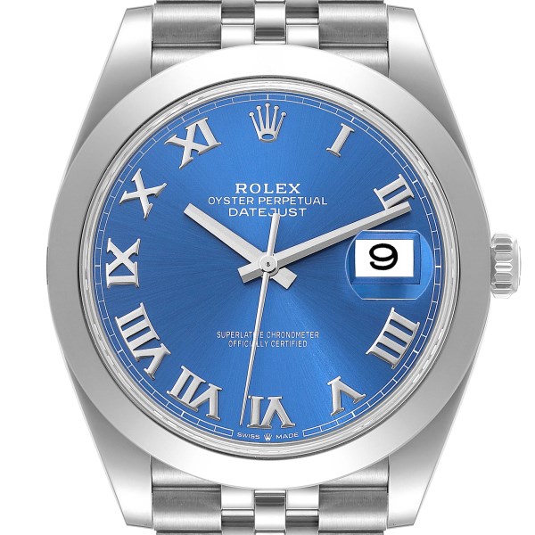 Rolex Datejust 41 Blue Roman Dial Smooth Bezel Steel Mens Watch 126300 Box Card