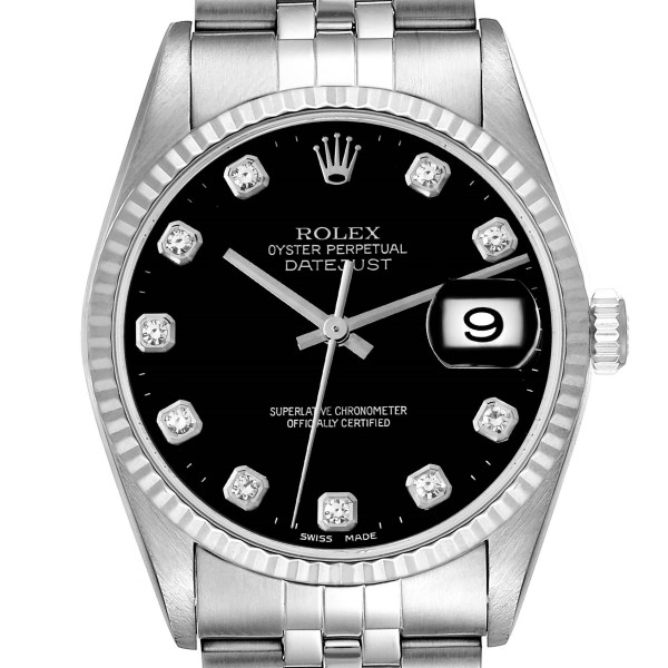 Rolex Datejust Steel White Gold Black Diamond Dial Mens Watch 16234