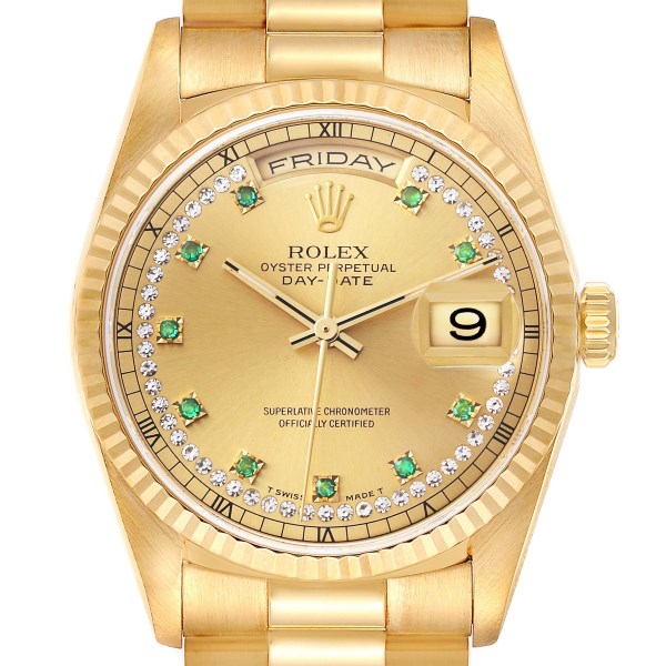 Rolex Day-Date President Yellow Gold String Diamond Emerald Mens Watch 18238