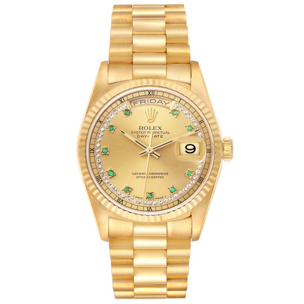 Rolex Day-Date President Yellow Gold String Diamond Emerald Mens Watch 18238