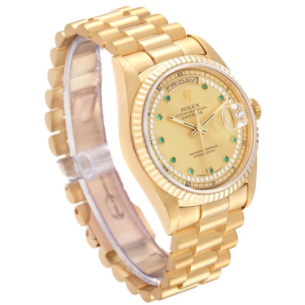 Rolex Day-Date President Yellow Gold String Diamond Emerald Mens Watch 18238