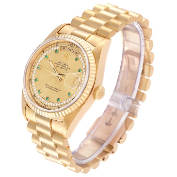 Rolex Day-Date President Yellow Gold String Diamond Emerald Mens Watch 18238