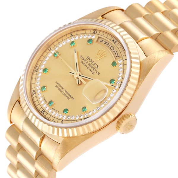 Rolex Day-Date President Yellow Gold String Diamond Emerald Mens Watch 18238
