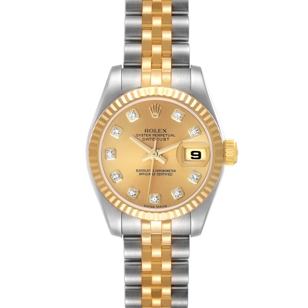 Rolex Datejust 26mm Steel Yellow Gold Diamond Dial Ladies Watch 179173 Box Card