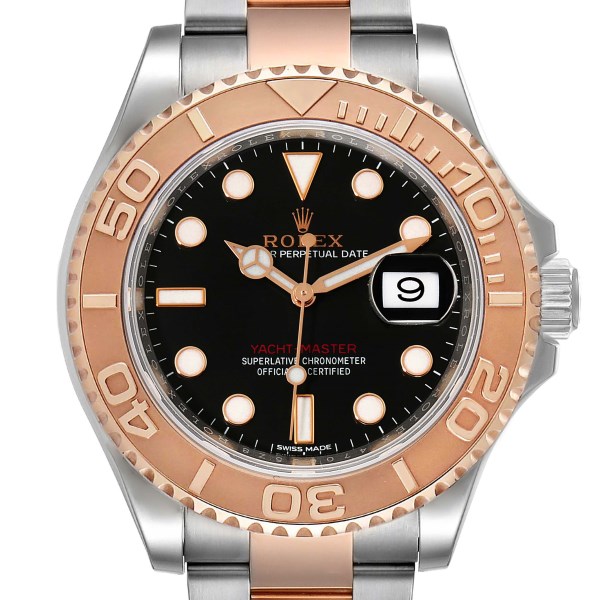 Rolex Yachtmaster Rose Gold Steel Black Dial Mens Watch 116621 Box Card