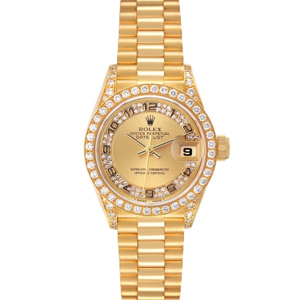 Rolex Datejust President Yellow Gold Diamond Bezel Ladies Watch 69158 Box Papers