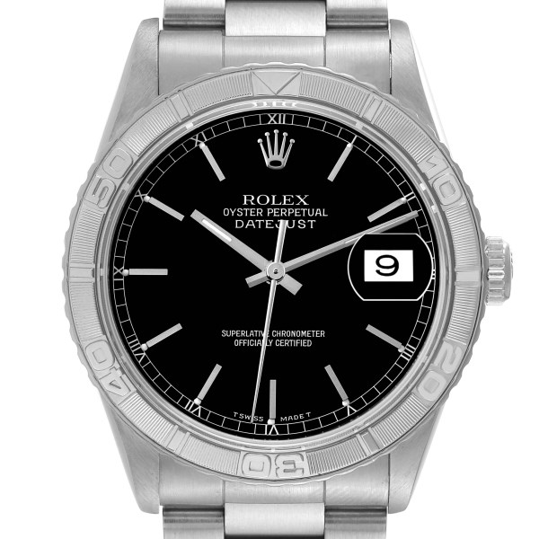 Rolex Datejust Turnograph Steel White Gold Black Dial Mens Watch 16264