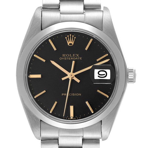 Rolex OysterDate Precision Black Gilt Dial Vintage Steel Mens Watch 6694