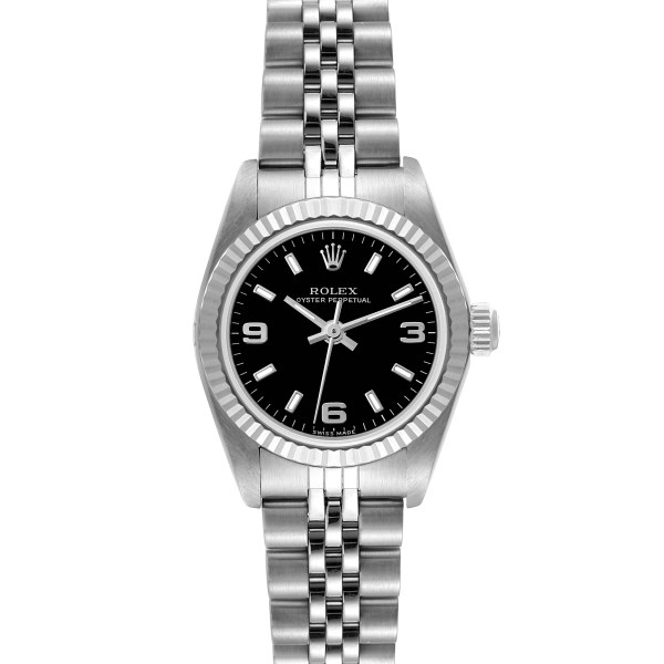 Rolex Oyster Perpetual Steel White Gold Black Dial Ladies Watch 76094 Papers