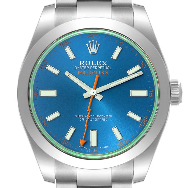 Rolex Milgauss Blue Dial Green Crystal Steel Mens Watch 116400GV Unworn