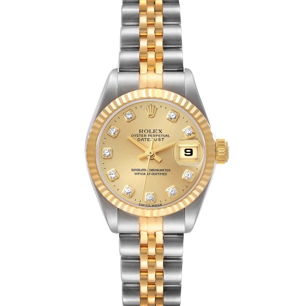 Rolex Datejust Steel Yellow Gold Champagne Diamond Dial Ladies Watch 69173