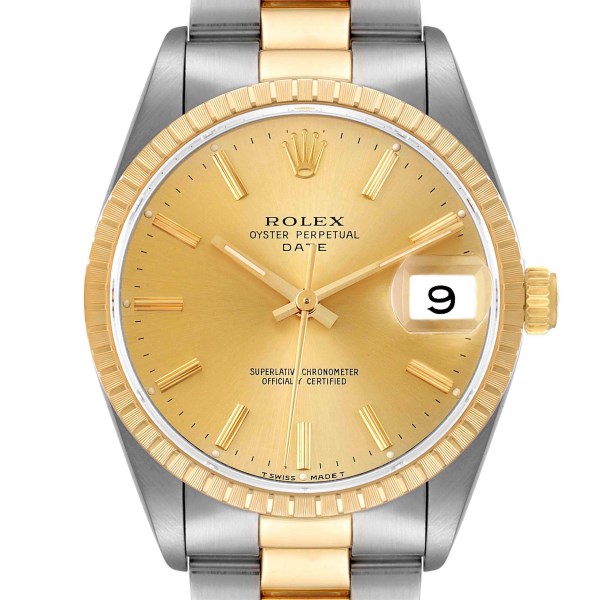 Rolex Date Baton Dial Oyster Bracelet Steel Yellow Gold Mens Watch 15223