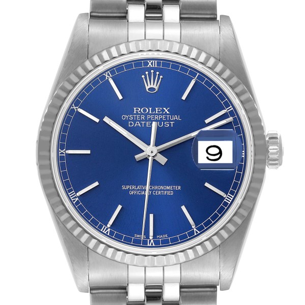 Rolex Datejust Steel White Gold Fluted Bezel Blue Dial Mens Watch 16234