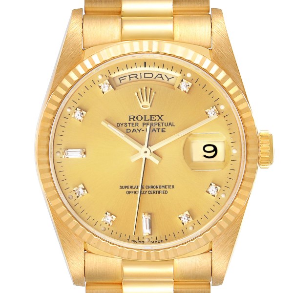 Rolex President Day-Date 36mm Yellow Gold Diamond Mens Watch 18238