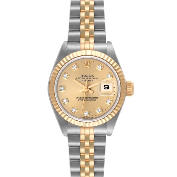 Rolex Datejust Steel Yellow Gold Champagne Diamond Dial Ladies Watch 69173
