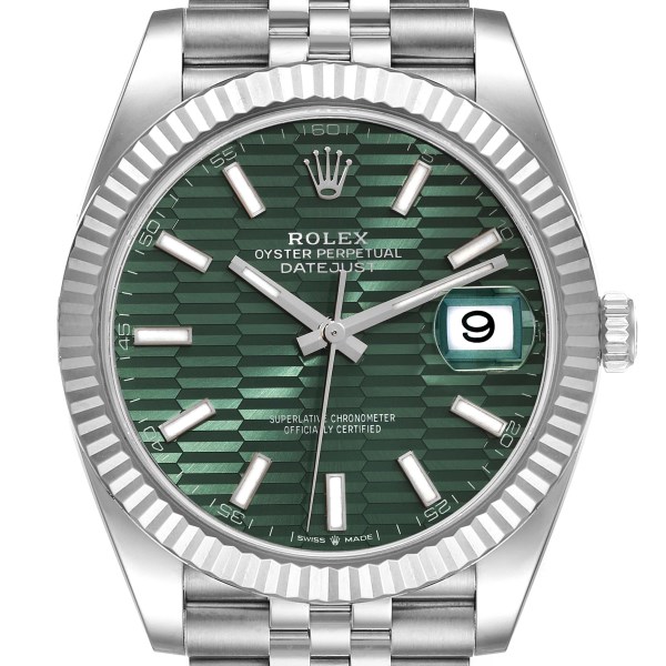 Rolex Datejust 41 Steel White Gold Mint Green Fluted Dial Mens Watch 126334 Unworn