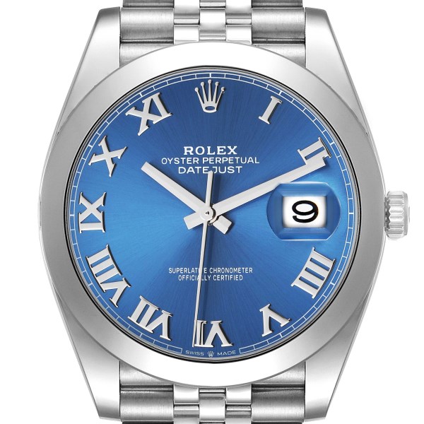 Rolex Datejust 41 Blue Roman Dial Smooth Bezel Steel Mens Watch 126300 Unworn