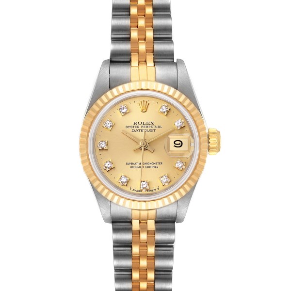 Rolex Datejust Steel Yellow Gold Champagne Diamond Dial Ladies Watch 69173