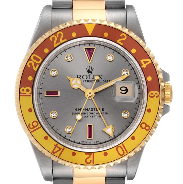 Rolex GMT Master II Diamond Ruby Serti Dial Steel Yellow Gold Mens Watch 16713