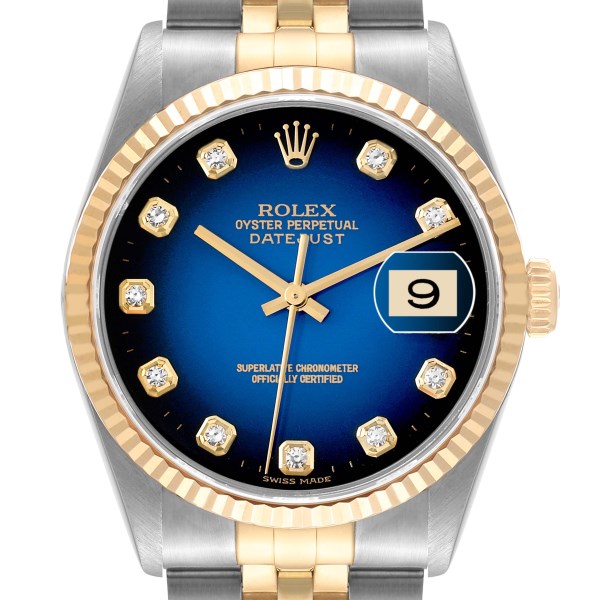 Rolex Datejust Steel Yellow Gold Blue Vignette Diamond Dial Mens Watch 16233