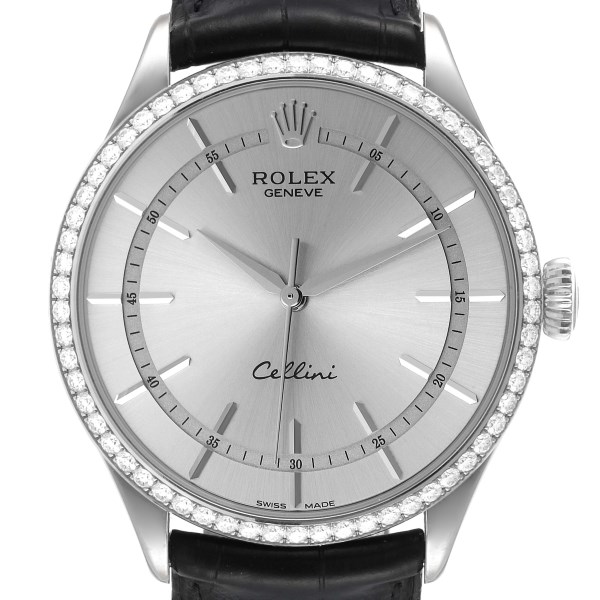 Rolex Cellini Time White Gold Diamond Automatic Mens Watch 50709 Box Card