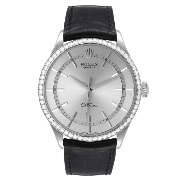 Rolex Cellini Time White Gold Diamond Automatic Mens Watch 50709 Box Card