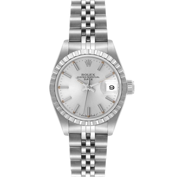 Rolex Date Steel Silver Dial Engine Turned Bezel Ladies Watch 69240