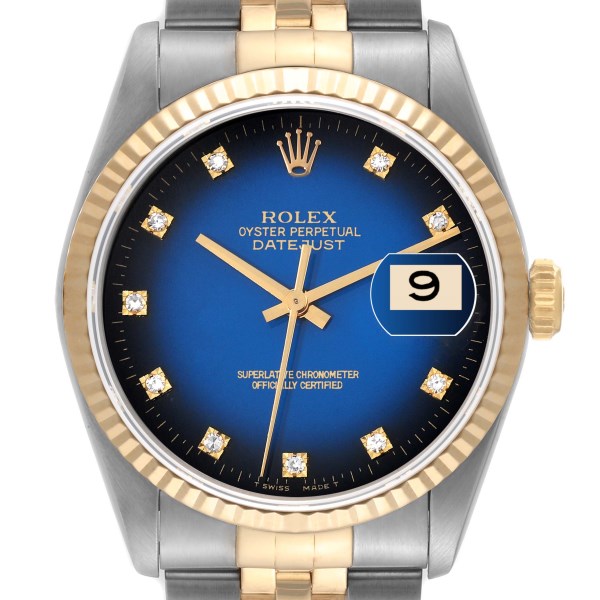 Rolex Datejust Steel Yellow Gold Blue Vignette Diamond Dial Mens Watch 16233